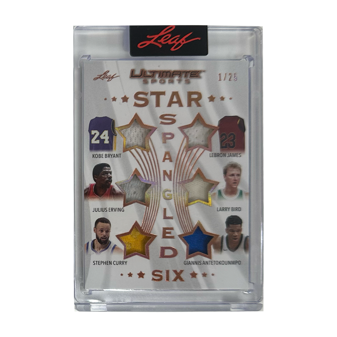 Leaf Star Spangled Six Kobe Bryant, Lebron James, Julius Erving, Larry Bird, Stephen Curry & Giannis Antetokounmpo 1/25