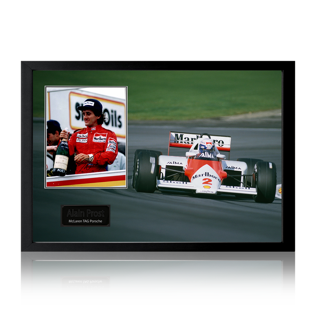 Alain Prost Signed McLaren TAG Porsche Formula One Image Iconic Frame