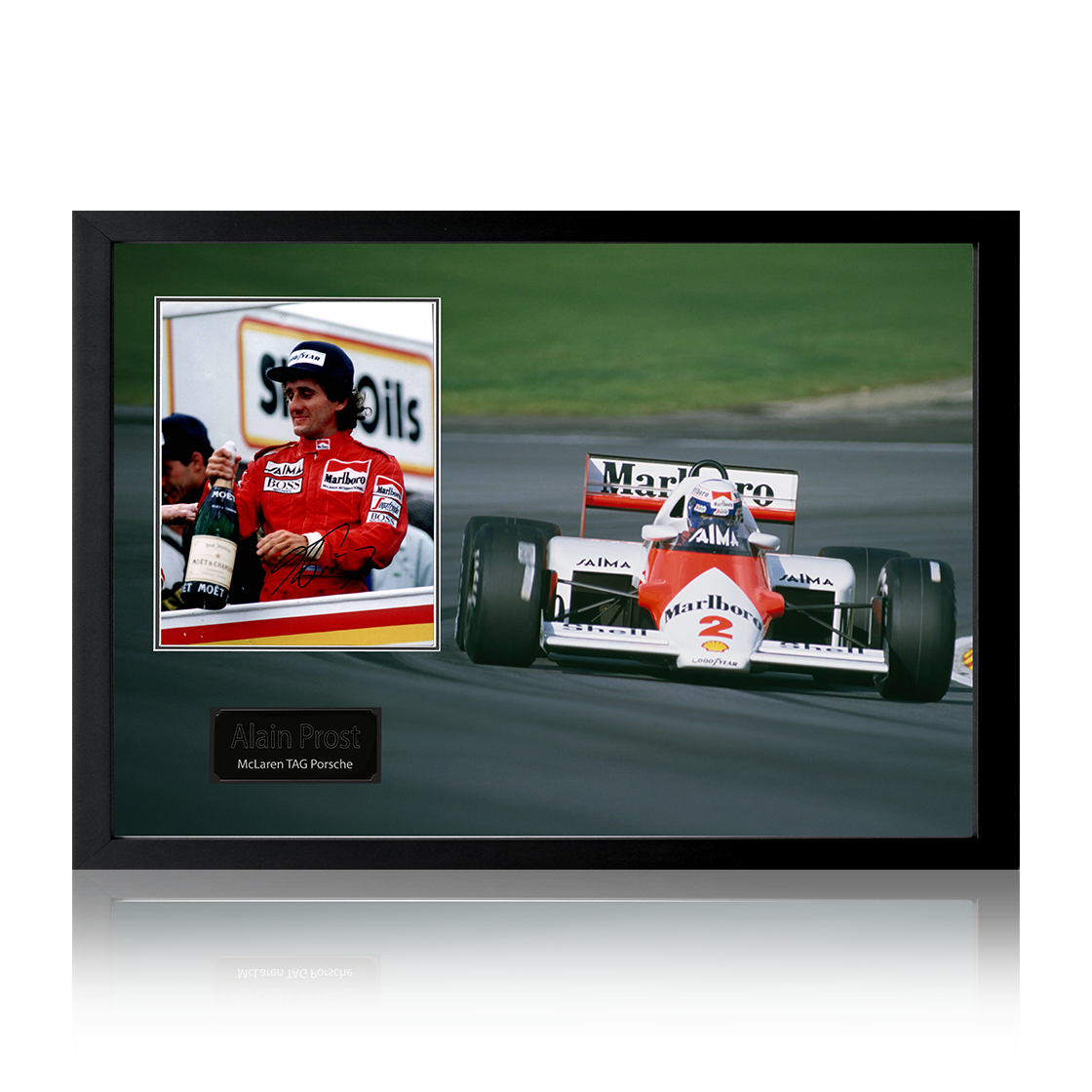 Alain Prost Signed McLaren TAG Porsche Formula One Image Iconic Frame