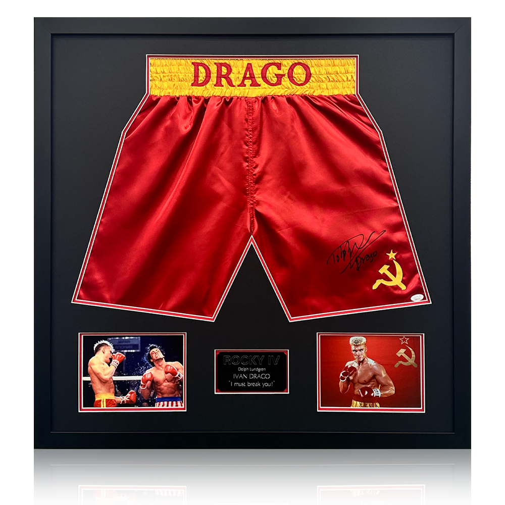 Dolph Lundgren Signed Ivan Drago Rocky IV Boxing Shorts Elite Frame J The Fan Cave Memorabilia