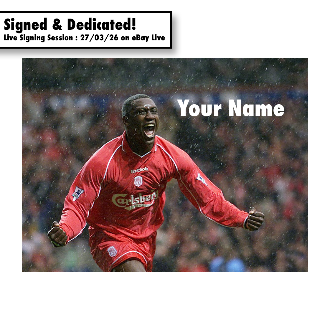 Emile Heskey Signed & Dedicated Liverpool 16x12 Image