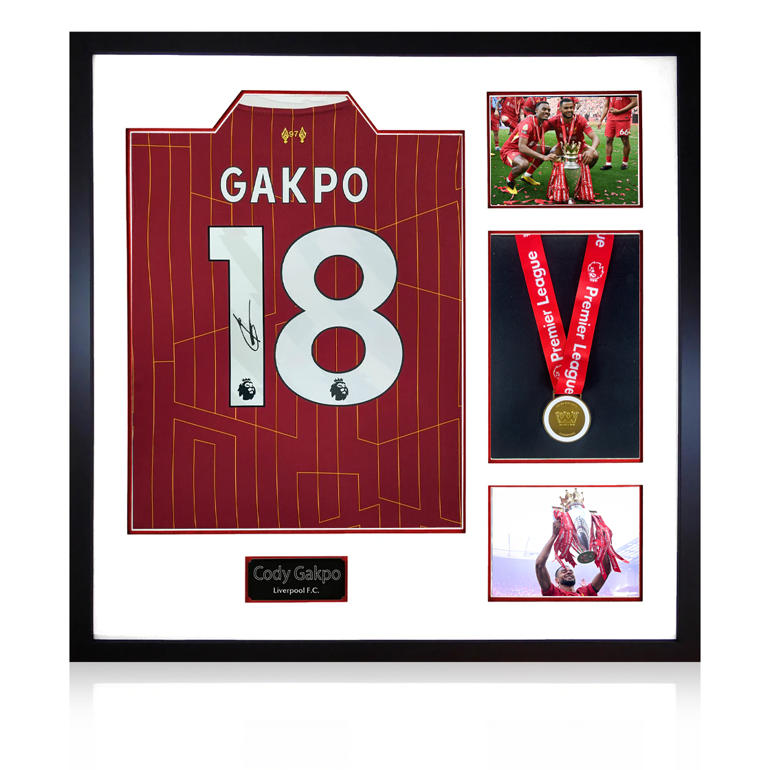 Cody Gakpo Signed Liverpool Shirt Elite Frame (AFTAL Authentication) w/ League Replica Medal