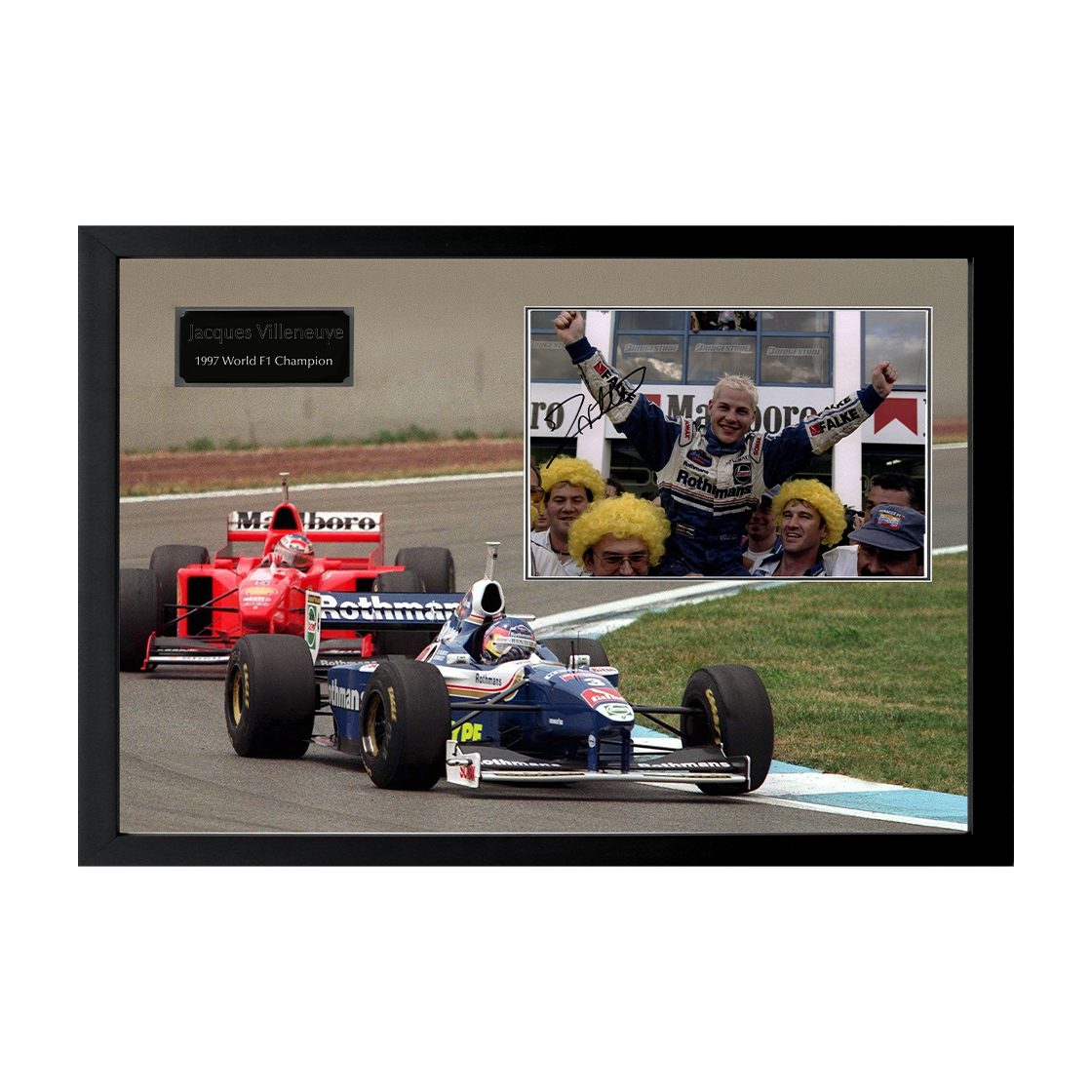 Jacques Villeneuve Signed 16x12 Image Cut Iconic Frame (ACG Cert)