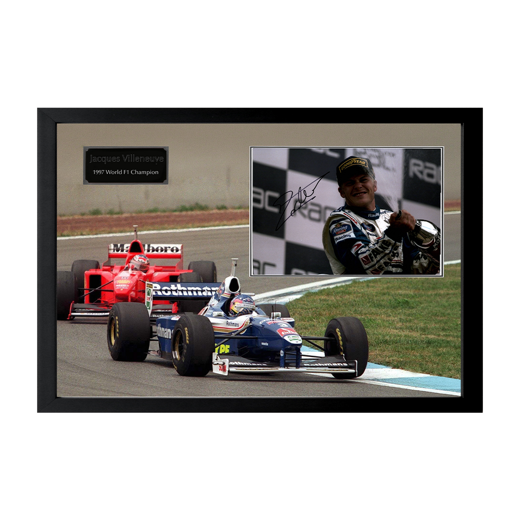 Jacques Villeneuve Signed 16x12 Image Cut Iconic Frame (ACG Cert)