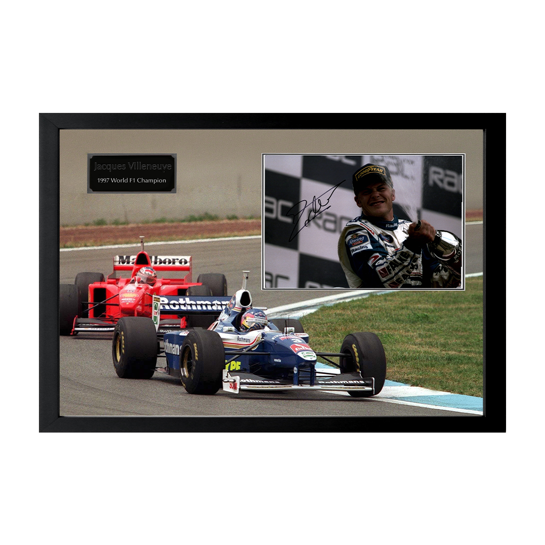 Jacques Villeneuve Signed 16x12 Image Cut Iconic Frame (ACG Cert)