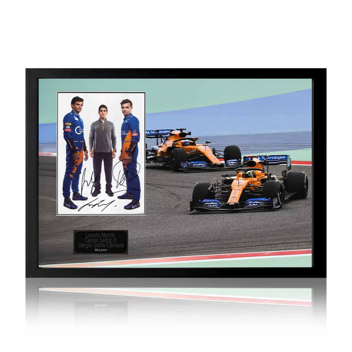 Lando Norris, Carlos Sainz Jr. & Sérgio Sette Câmara Signed McLaren Formula 1 Team Image Iconic Frame