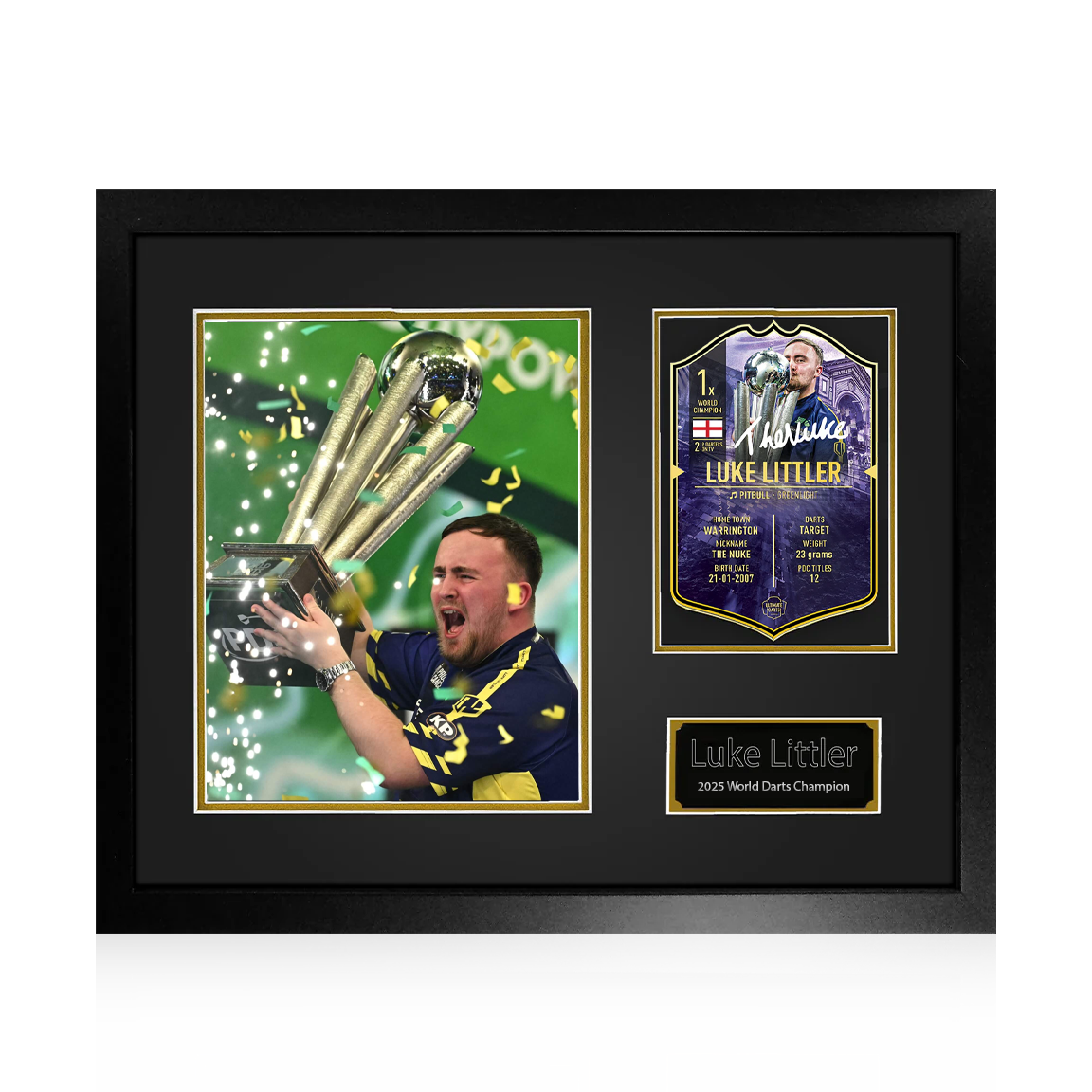 Luke Littler Signed Ultimate Darts World Champion Card Deluxe Mount Frame