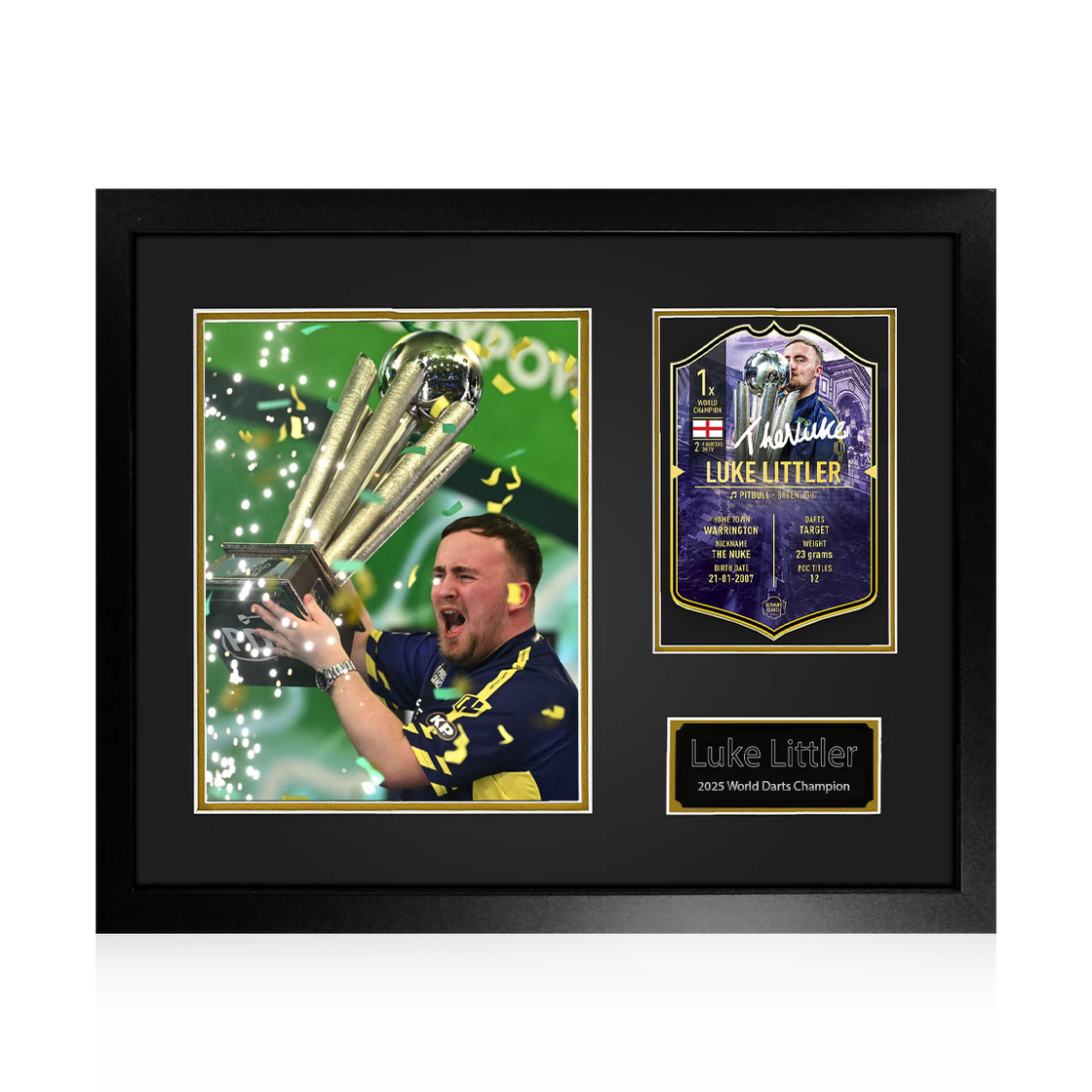 Luke Littler Signed Ultimate Darts World Champion Card Deluxe Mount Frame