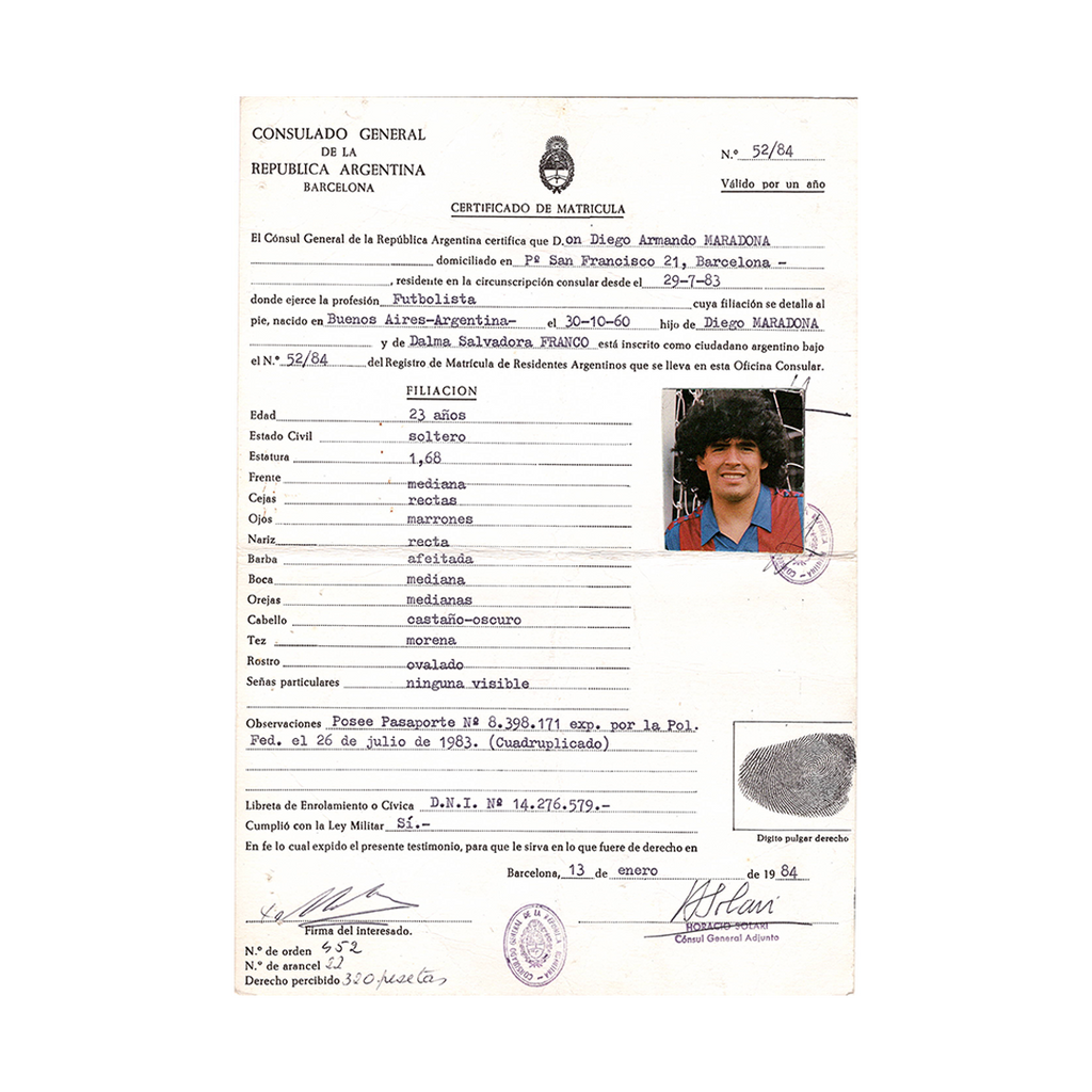 Diego Maradona Signed Barcelona Certificate Of Registration (JSA)