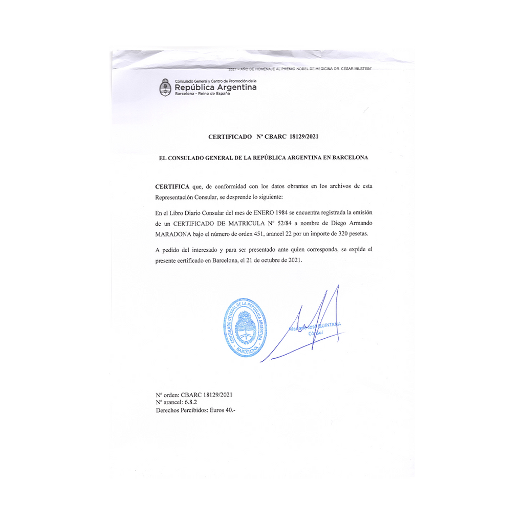 Diego Maradona Signed Barcelona Certificate Of Registration (JSA)