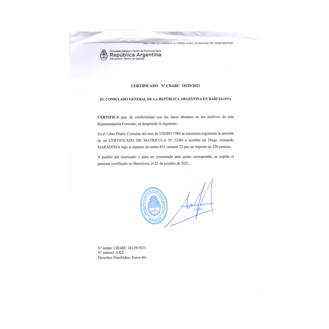 Diego Maradona Signed Barcelona Certificate Of Registration (JSA)