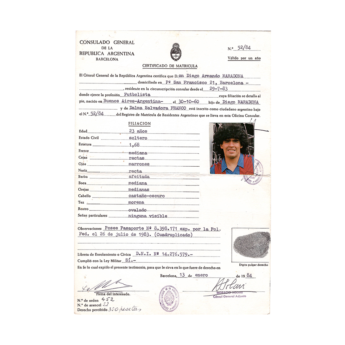 Diego Maradona Signed Barcelona Certificate Of Registration (JSA)