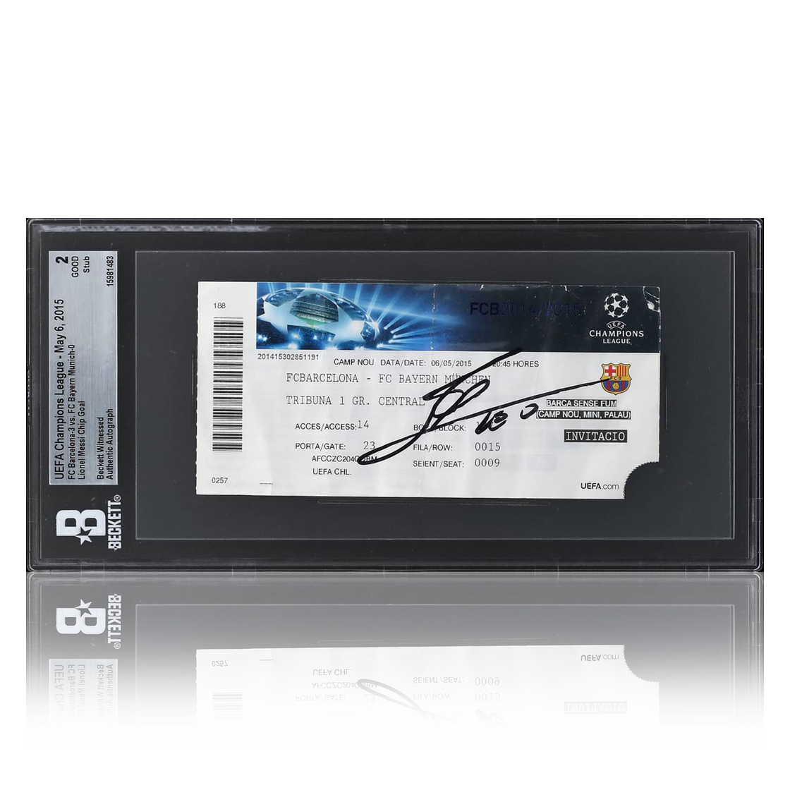 Lionel Messi Signed UEFA Champions League FC Barcelona vs FC Bayern Munich Ticket (Beckett)