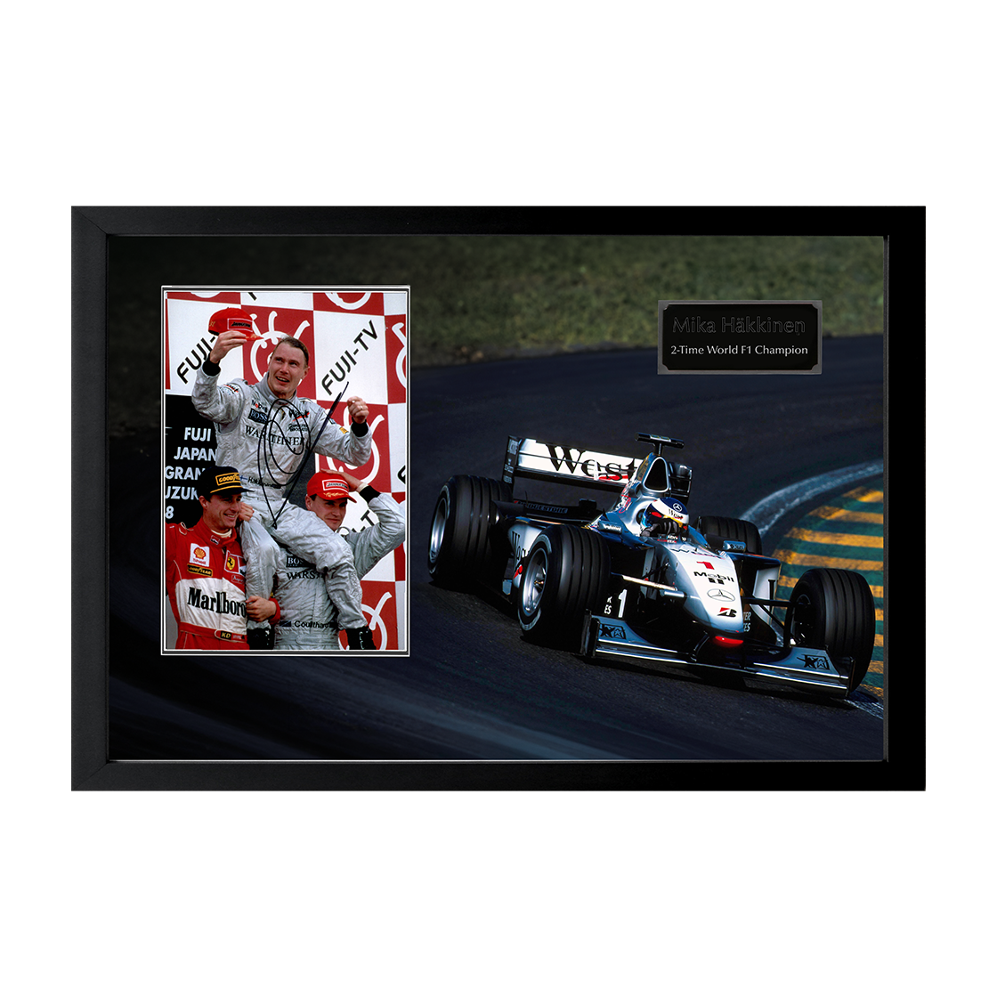 Mika Hakkinen Signed 12x8 Image Iconic Frame (ACG Cert)