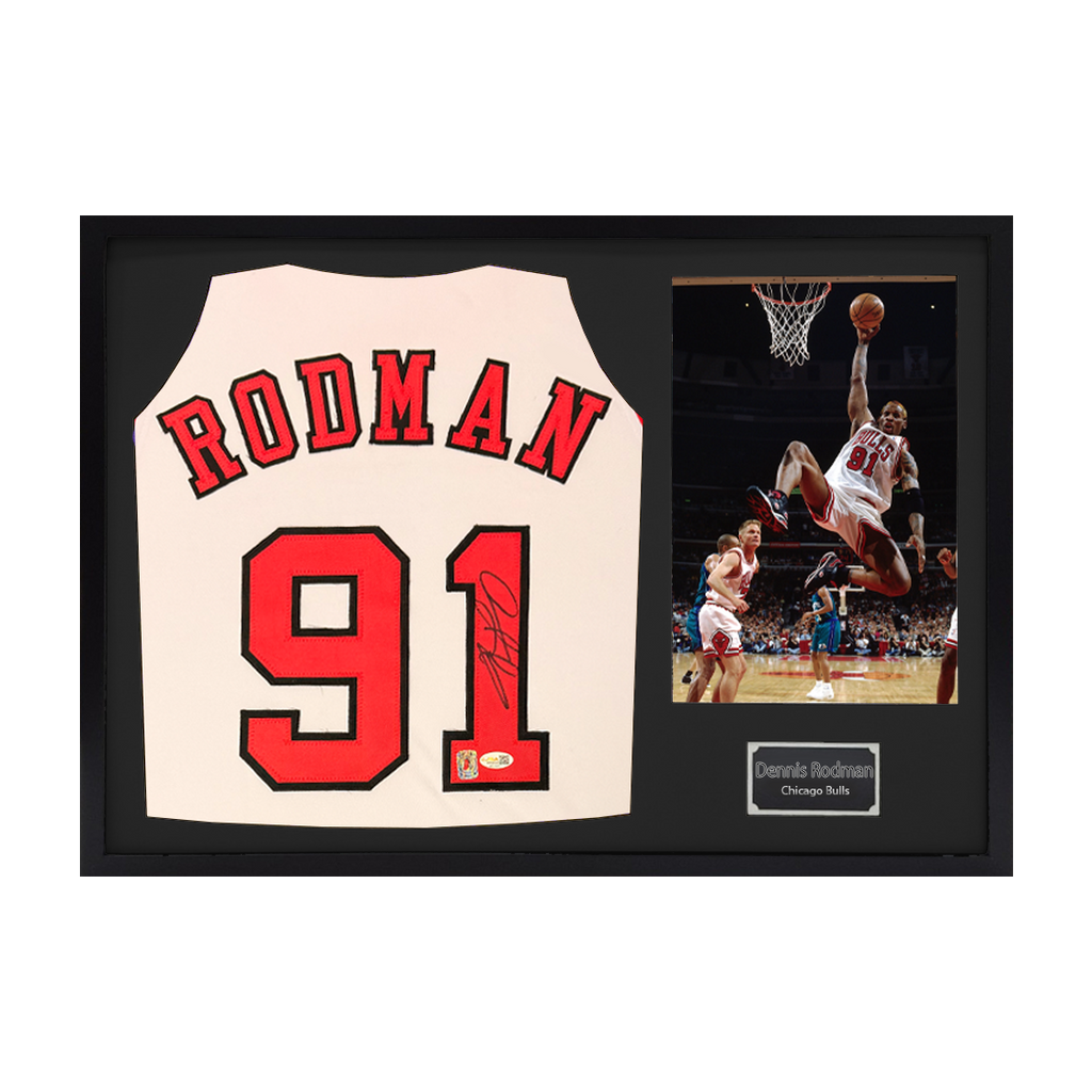 Dennis Rodman Signed Chicago Bulls Jersey Classic Frame (JSA)