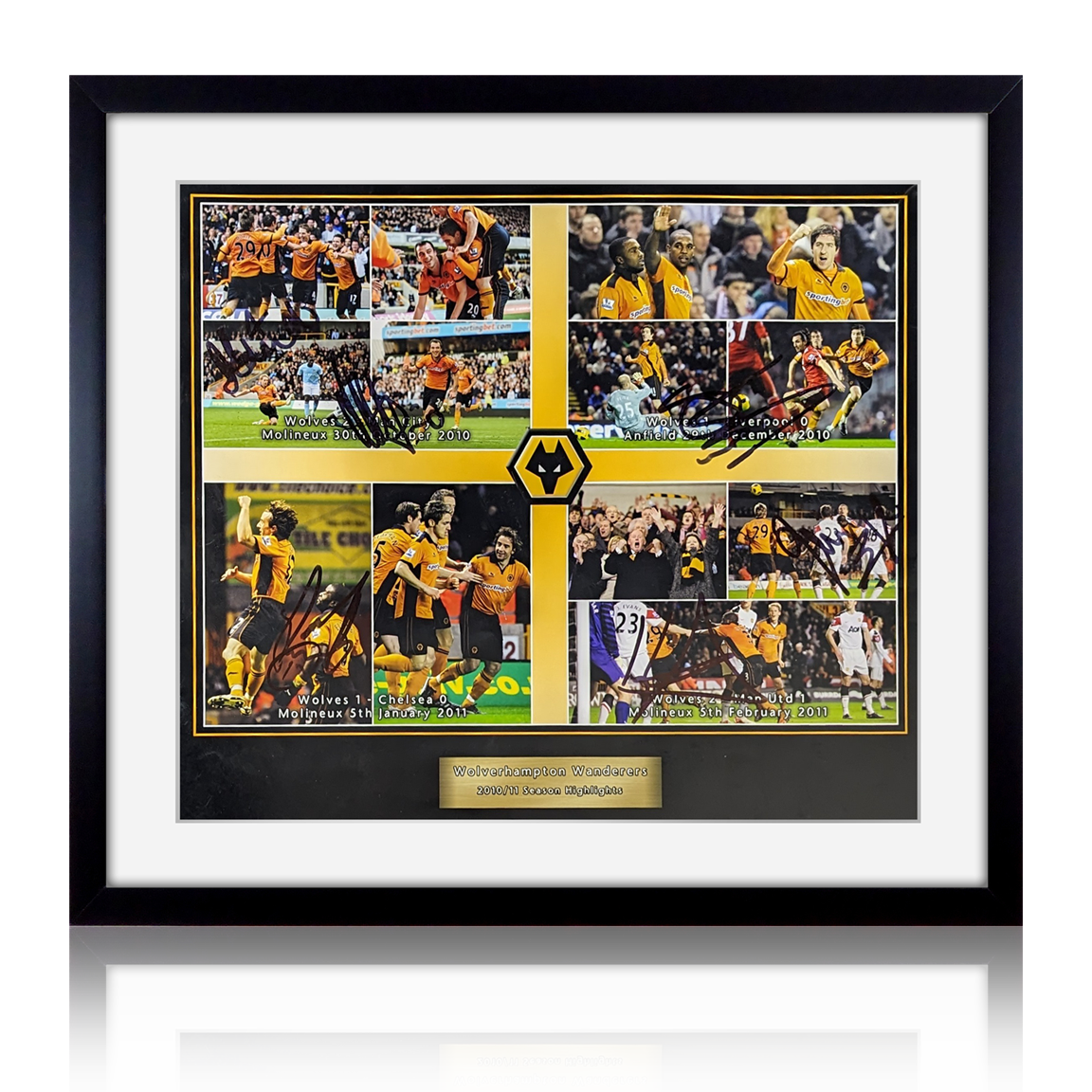 Edwards, Milijas, Ward, Hunt, Doyle & Elekobi Signed Wolverhampton Wanderers 10/11 Deluxe Mount Frame