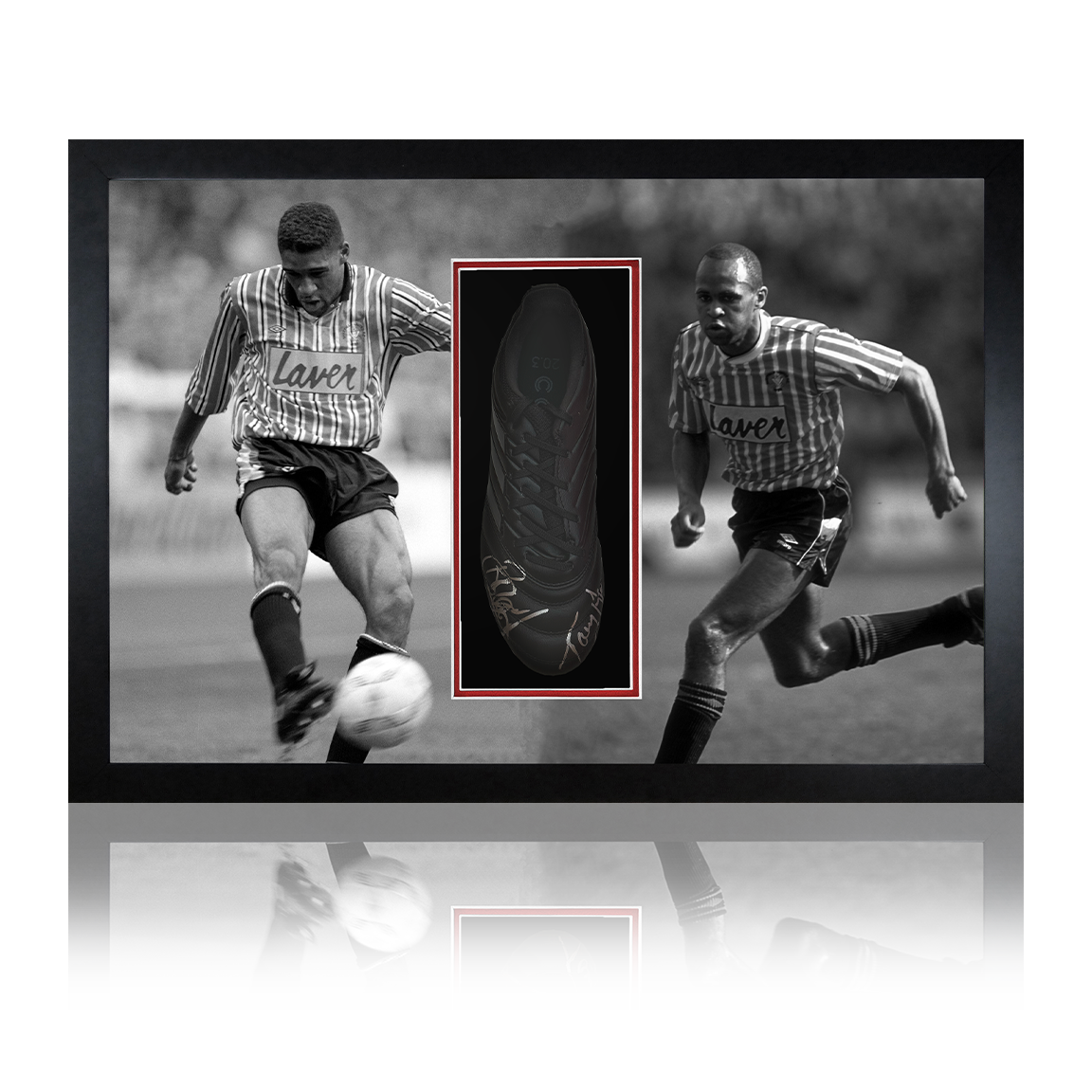 Brian Deane & Tony Agana Signed Boot Iconic Frame
